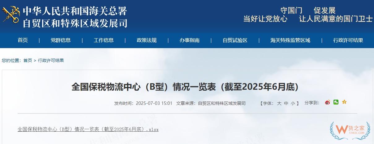 全国海关特殊监管区域及保税物流中心（B型）分布名录（截至2025年6月）-货之家
